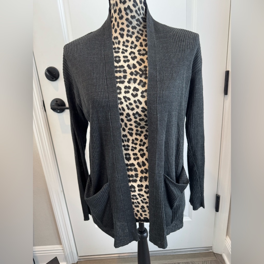 Eileen Fisher Organic Linen High Collar Cardigan in Dark Green